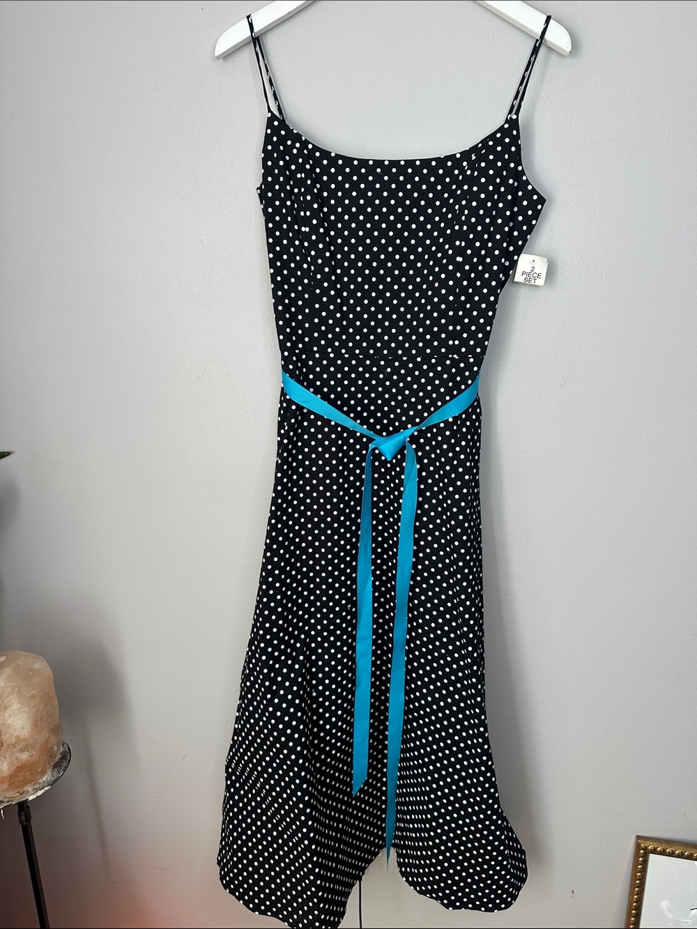 Jessica Howard Black and White Polka Dot Midi Dress with Turquoise Sash